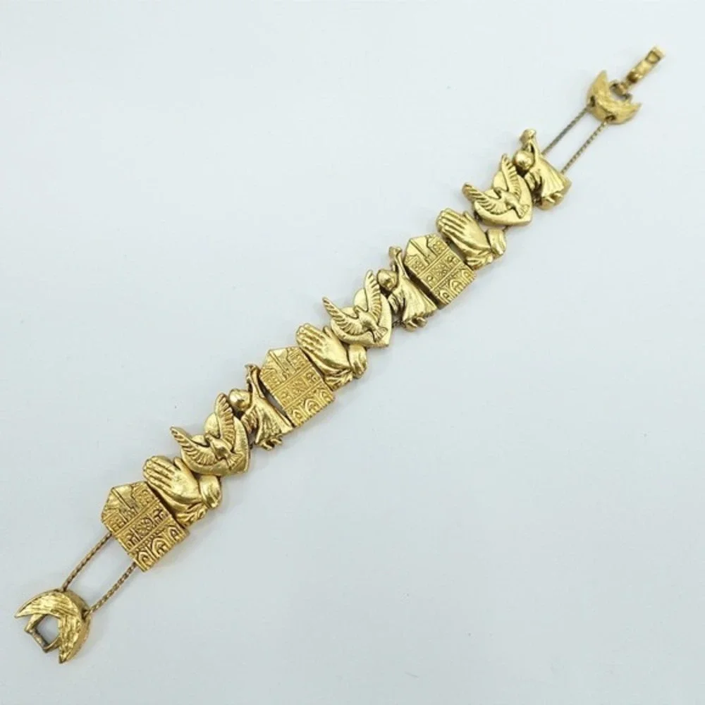 VTG Gold‎ Tone Religious Bracelet Praying Hands Angel Dove Panel Ornate 7
